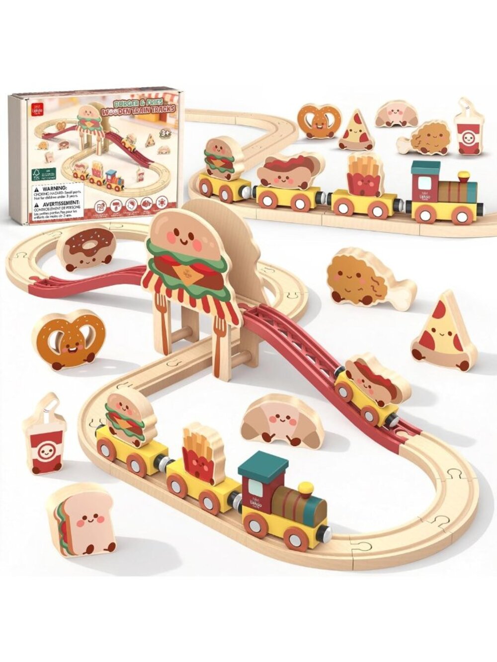 Wooden Burger-Themed Train Set for Toddlers | Fun & Educational Toy Track